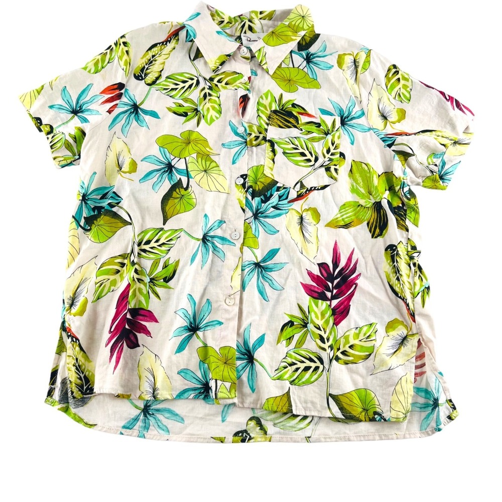 Panama Jack Women's size Medium Linen Blouse Tropical Colorful Button Down Short